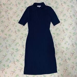 Cotton Citizen Ibiza Polo Dress Ribbed Stretch Collared V Neck Navy Blue Medium